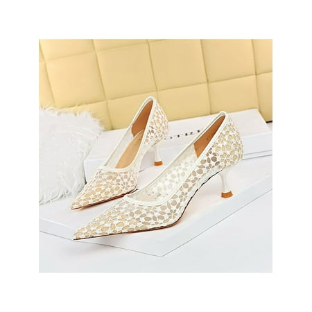 

Ferndule Women Lace Stiletto Heels Casual Anti-Slip Sexy Pumps Fashion Kitten Heel Dress Pump Shoes White 4