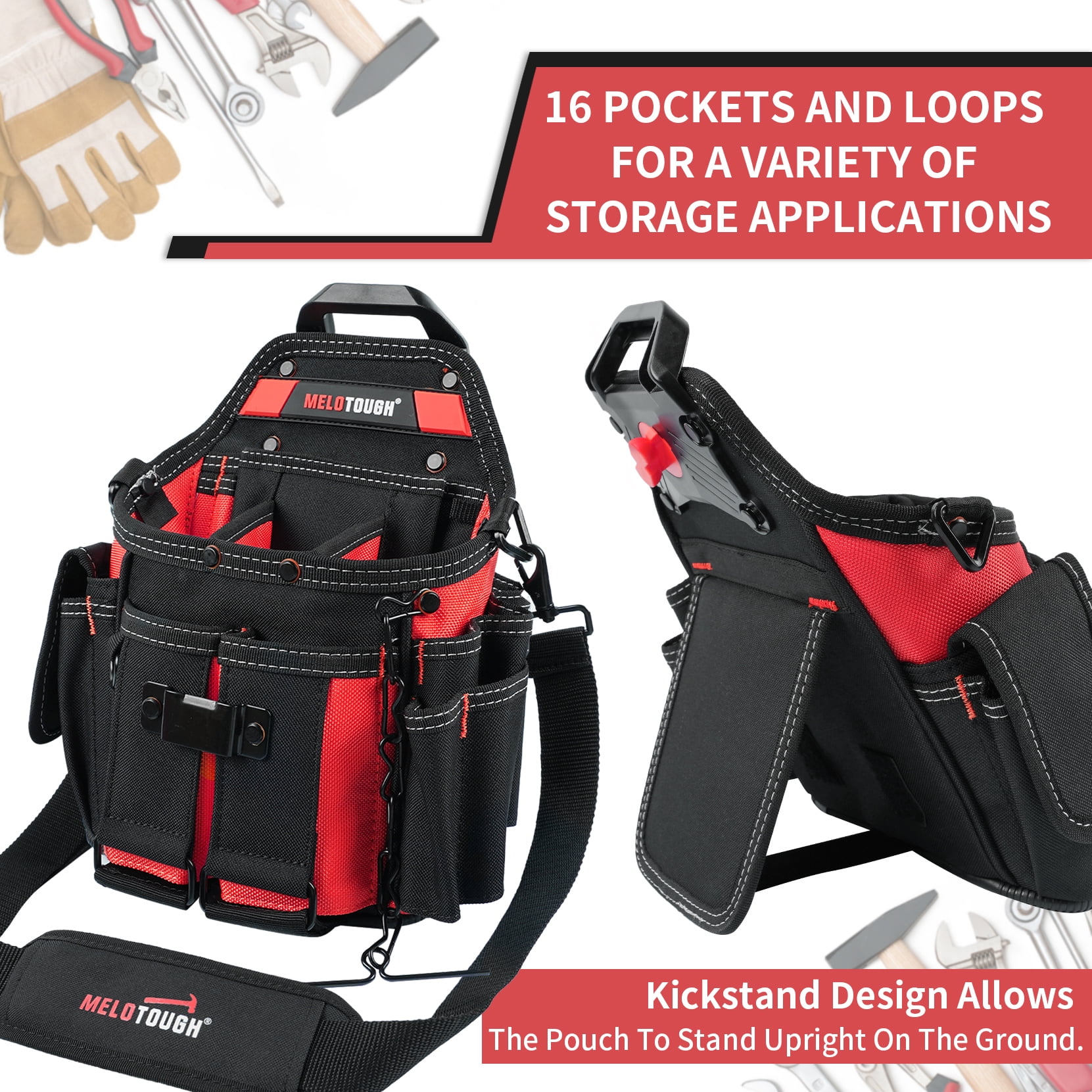 MELOTOUGH Professional Electrician Tool Pouch Bag with Shoulder Strap Tool Pouch with Belt Clip Quickly Attach and Release Tool Bag