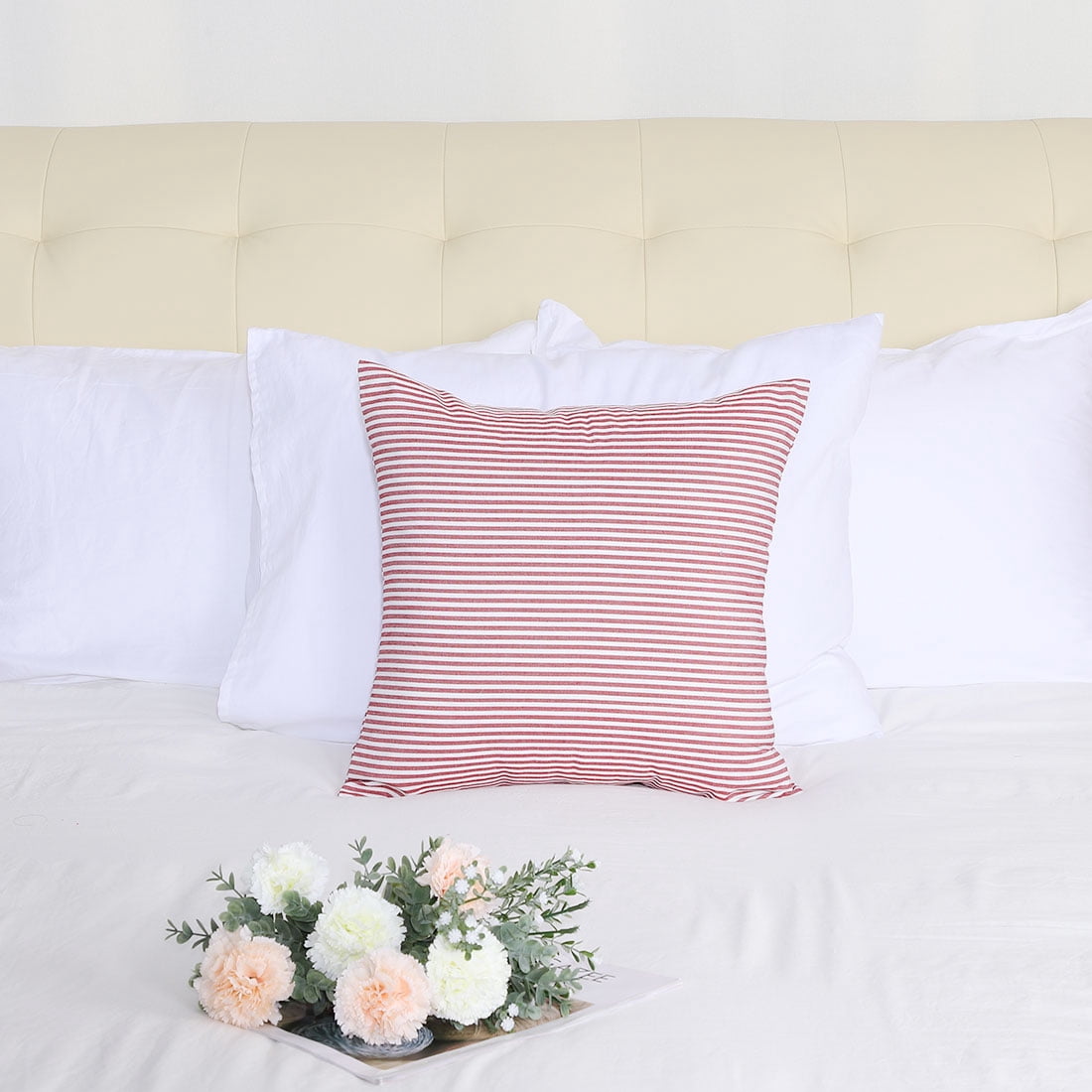 Unique Bargains Woven Stripe Decorative Throw Pillow Cover Red and White 18" x 18"