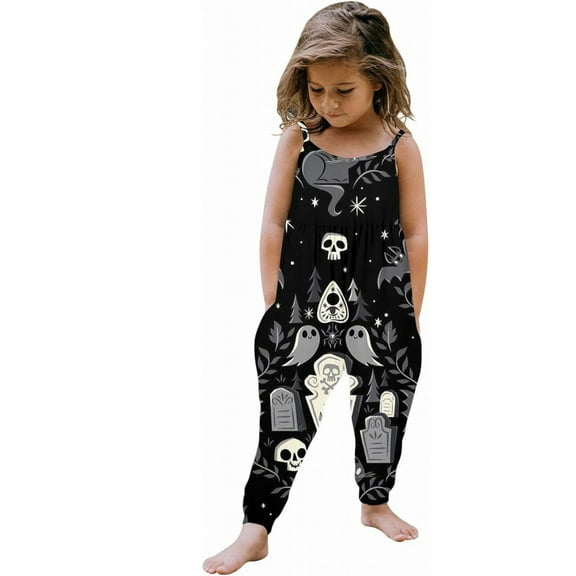 Coerni Rompers for Girls Children Halloween Outfit Baby Kids Jumpsuit Pants Clothes With Pocket Print Sleeveless Strap Jumpsuit
