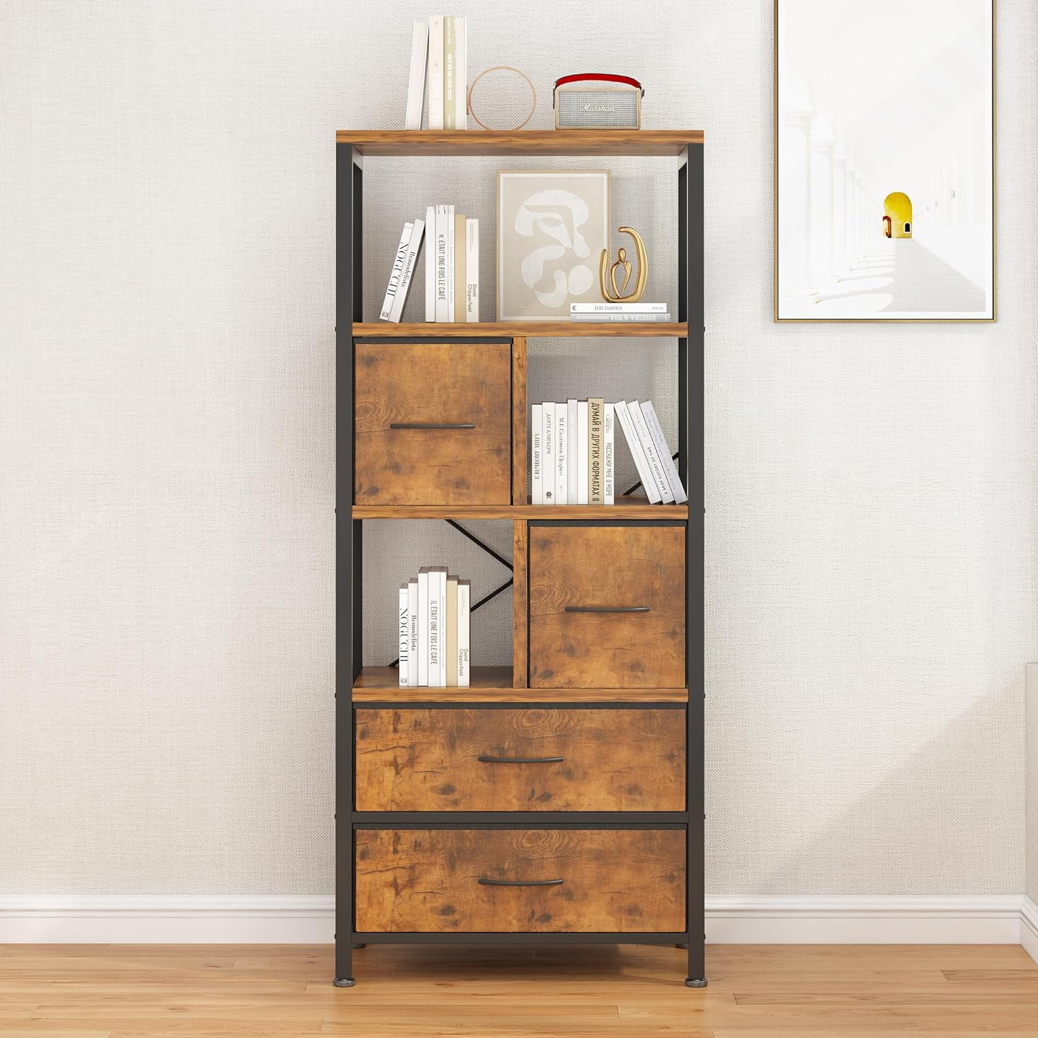 Display Shelf, 5 Layers Cube Storage Organizer, Iron Frame Shelf Opening, Bookcase for Office, Storage Bins with 4 Fabric Drawers, Modern Open Bookcase, Multifunctional Display Shelf for Living Room