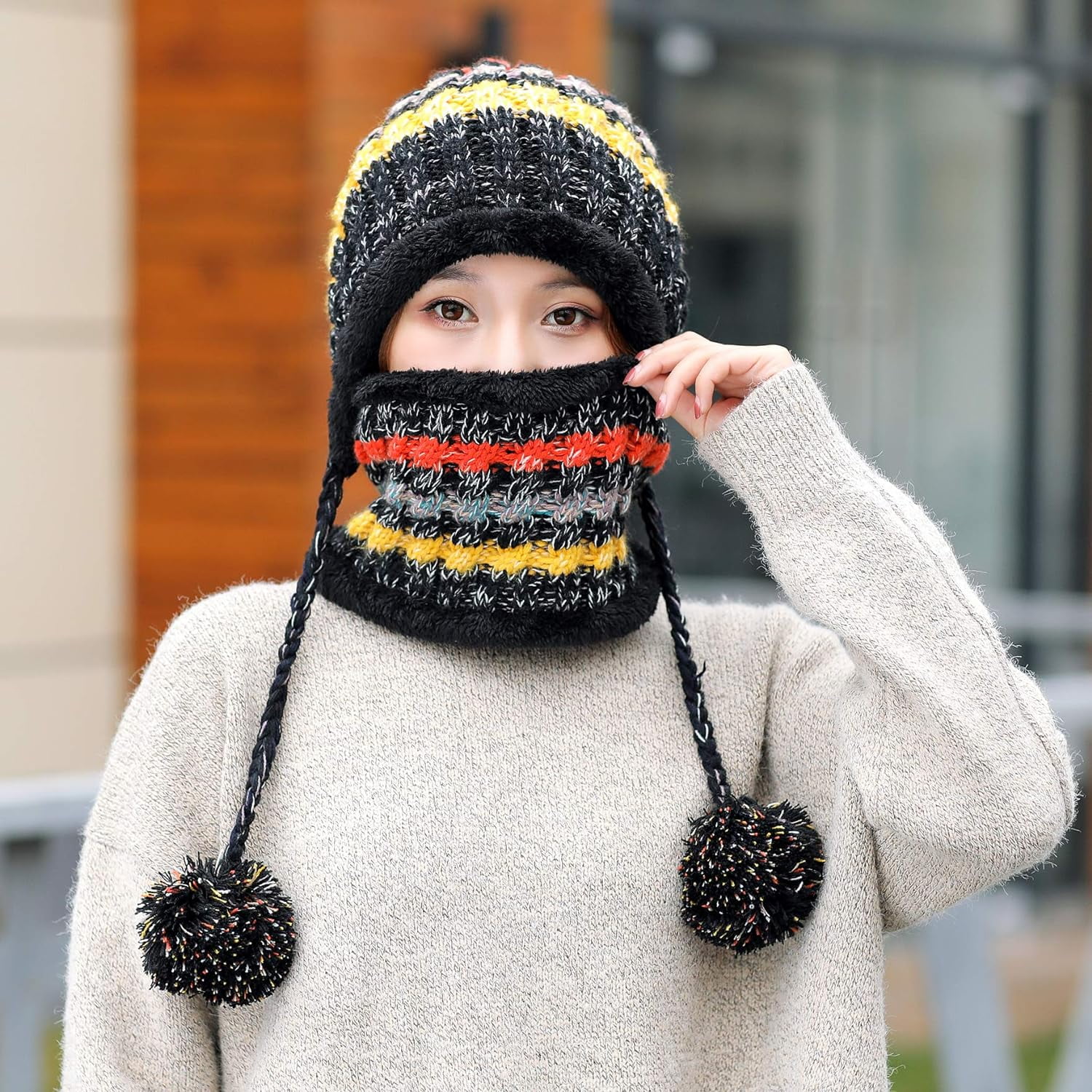Zhengup Women Winter Beanie Hat Circle Scarf Set Pompoms Peruvian Ski Snow Ear Flaps Sherpa Knit Hats Fleece Lined,S to M Size Head
