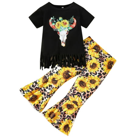 

Toddler Outfits Christmas Kids Girls Short Sleeves Cow Head Sunflowers Top Bell Bottom Pants Flared Girls Clothing Sets Size 12-18 Months