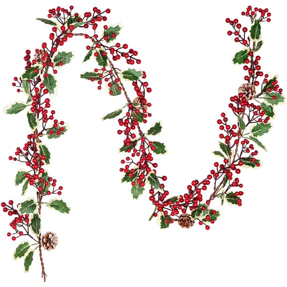 HESHENG Artificial 6.4ft Red Berry Christmas Garland with Pine Cone Green Leaves for Home Winter Holiday Xmas Tree New Year Decor