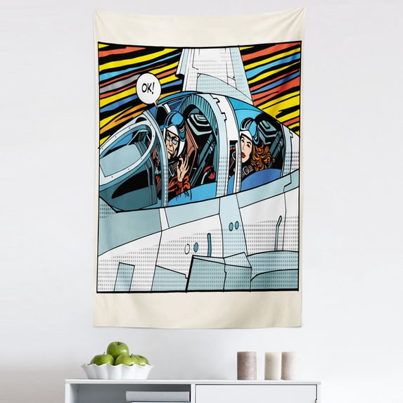 Airplane Cockpit Tapestry, Retro Pop Art Pilots in Plane Aviation Colorful Sky Captain OK, Fabric Wall Hanging Decor for Bedroom Living Room Dorm, 5 Sizes, Eggshell Multicolor, by Ambesonne