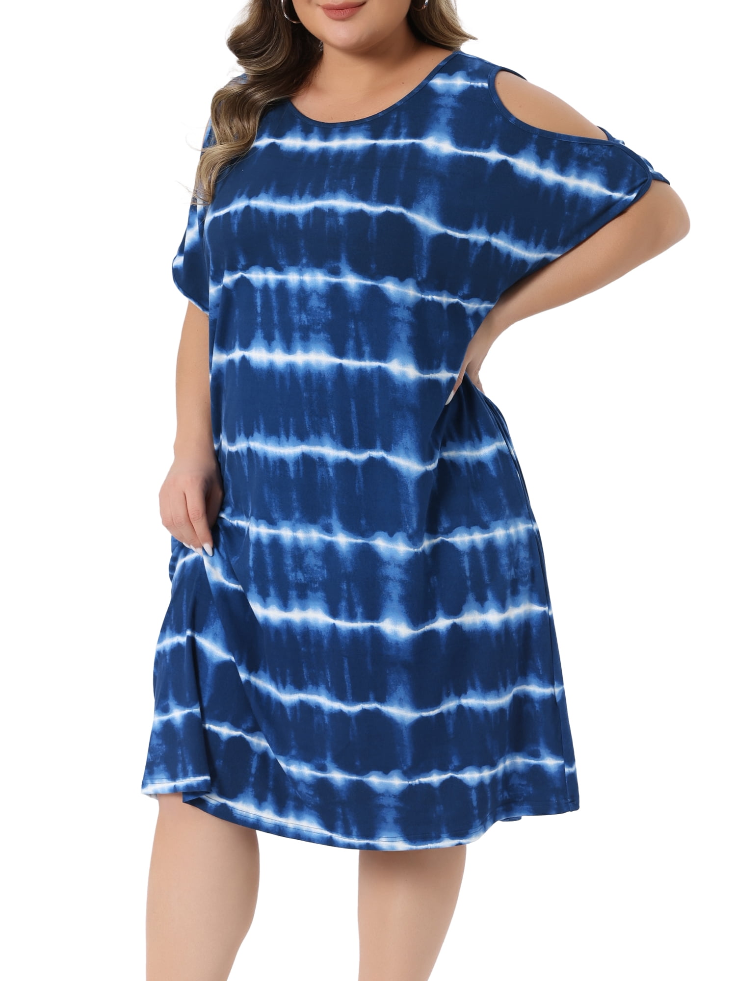 DARING DIVA Women's Plus Crew Neck Off Shoulder Loose Tie Dye Dress 2X Blue