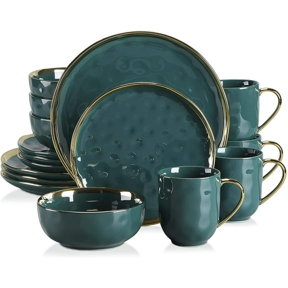 LOVECASA, 16-Piece Stoneware Dinnerware Sets, Dark Green and Gold Dinner Set, for 4 People