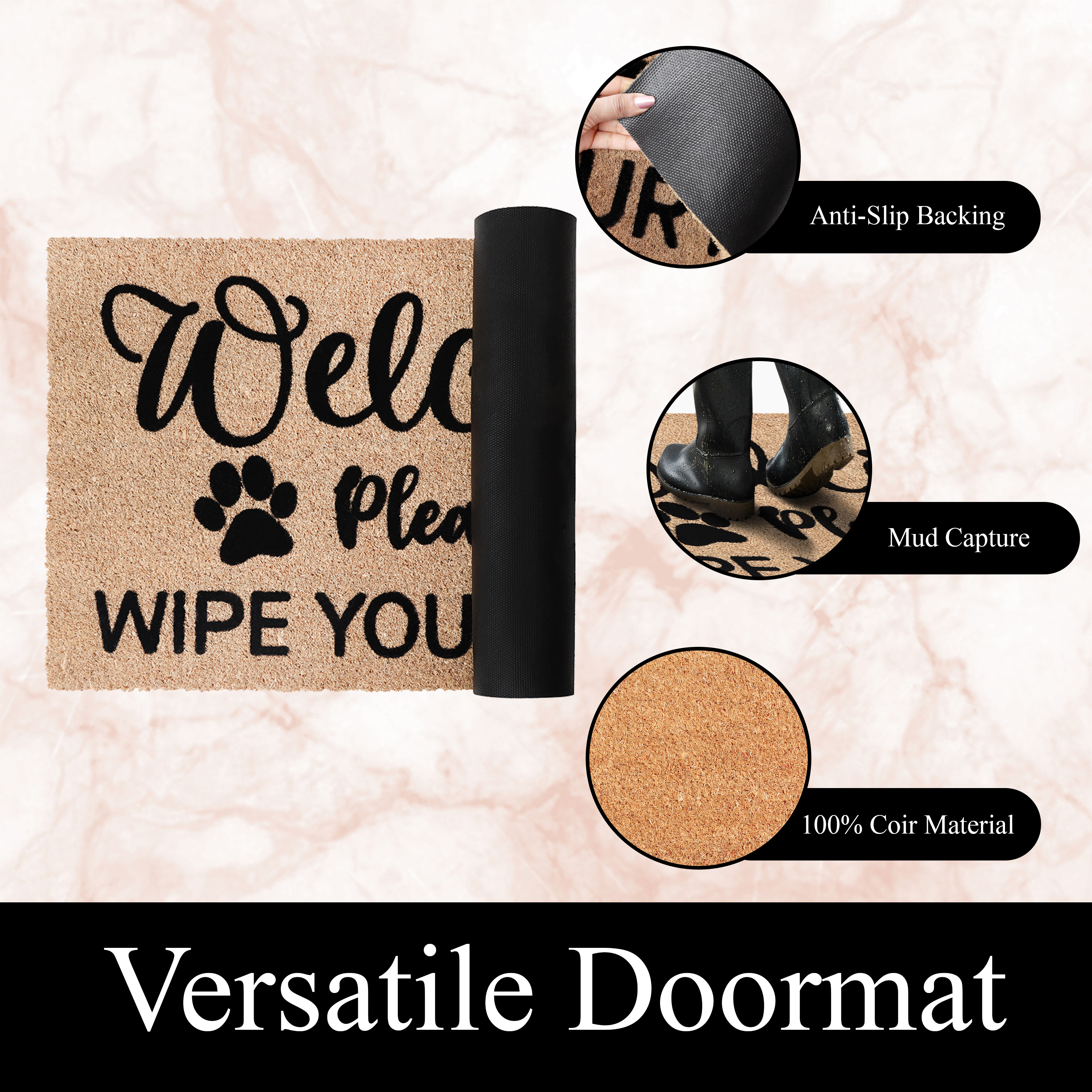 A1HC Natural Coir Flocked Welcome Paws Doormat, 18"x30", Durable & Non-Slip