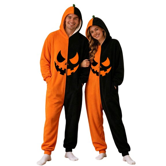 Curuila Halloween Adult Jumpsuit Flannel Hallowmas Pumpkin Hooded Pajamas For Women And Men Party Fashion Sleepwear Jumpsuit Size L