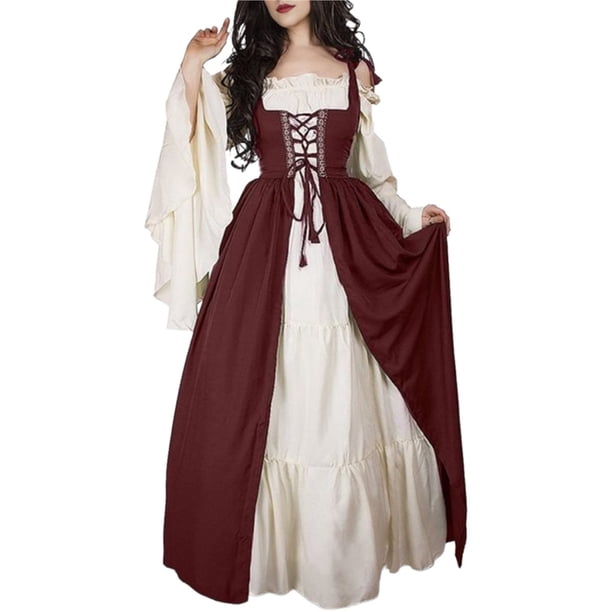 Disfraz Medieval Renacentista para Mujer, Cosplay Sobre Vestido Vino Tinto L