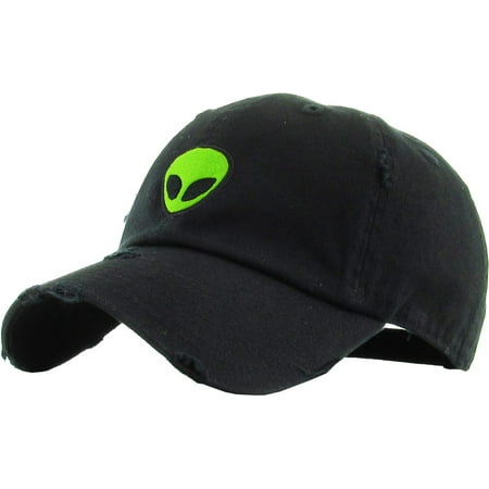 Alien Black Vintage Distressed Dad Hat Adjustable Baseball Cap NASA Galaxy Spaceship UFO Face ET E.T. Saucer