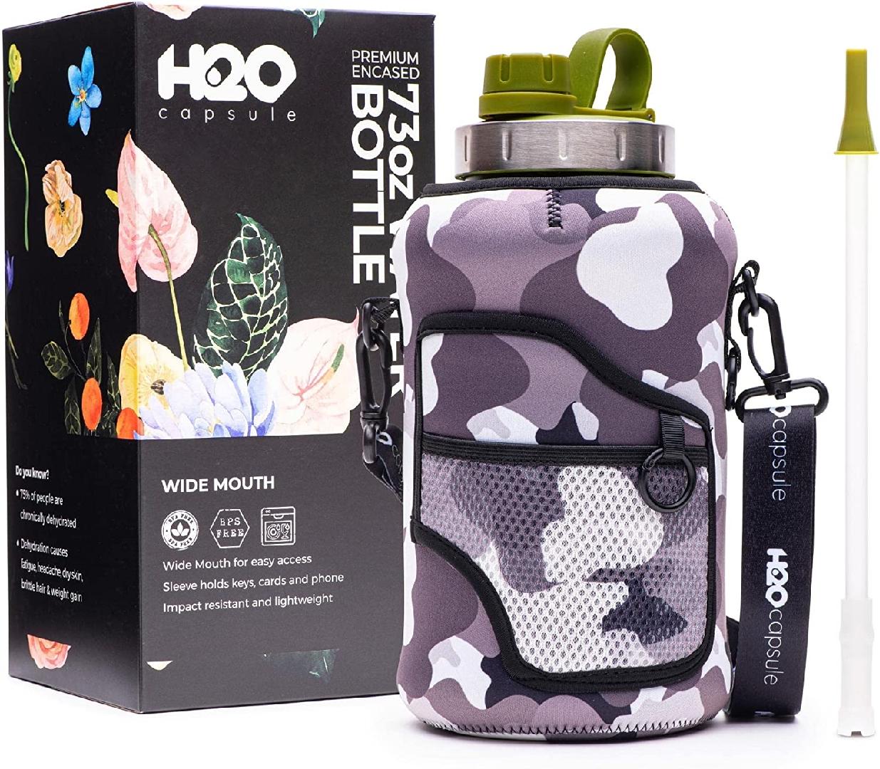 2.2L Half Gallon Wide Mouth Water Bottle with Storage Sleeve and