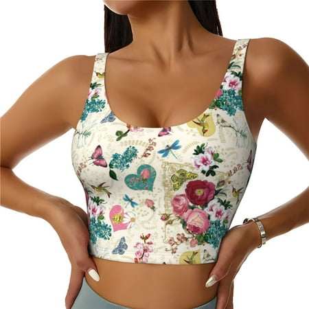 Jgfou Bird Butterfly Rose Print Womens Sports Bra - Padded Workout Sports Bras Crop Tank Top