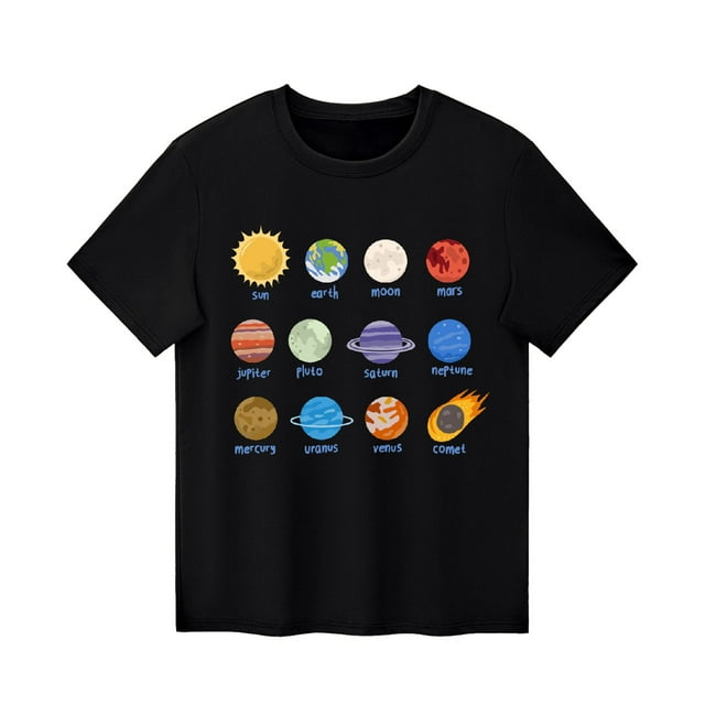 YOUSNH T-Shirt Décontracté à Manches Courtes et Col Rond pour Garçons et Filles, Imprimé Planète d'Été, Noir, 10-11 Ans