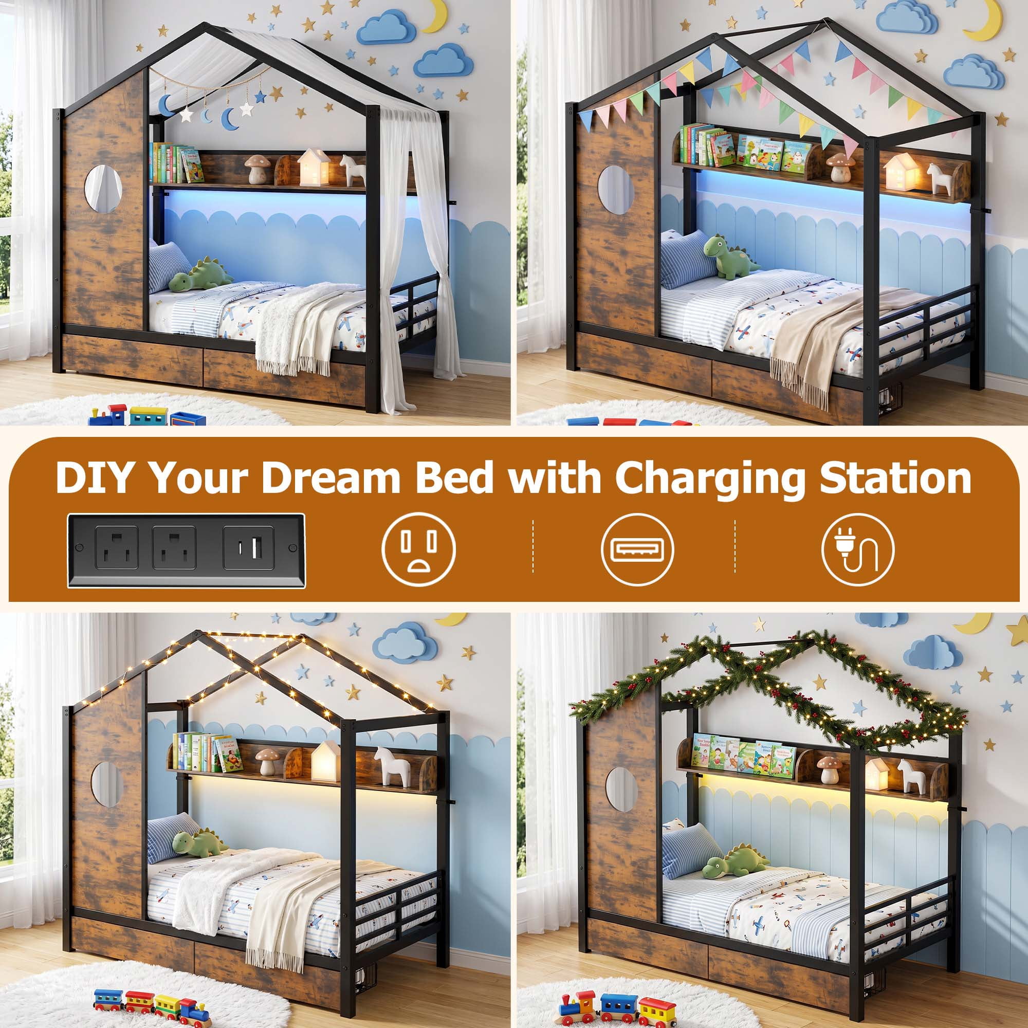 Miniyam Twin Size Metal House Bed with 2 Storage Drawers, Storage Shelf and Charging Station, Black