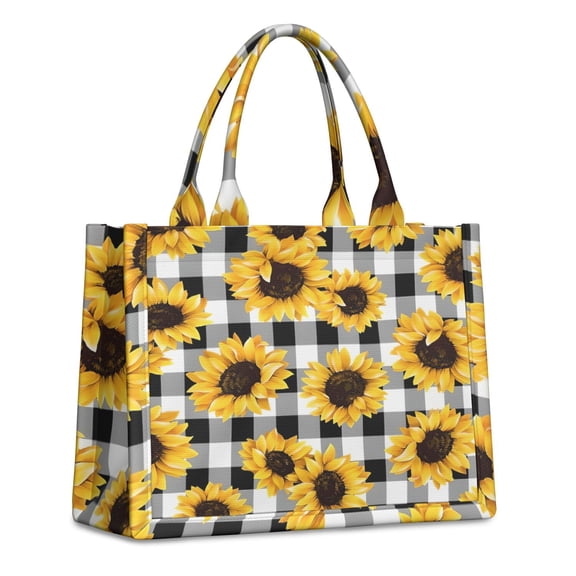 Large Capacity Tote Bag,Black White Gray Checker Sunflower Pattern Handbag Fashion Luxury Tote Bag,15.7"x13"x 5.1" Inches,Laptop Compatible