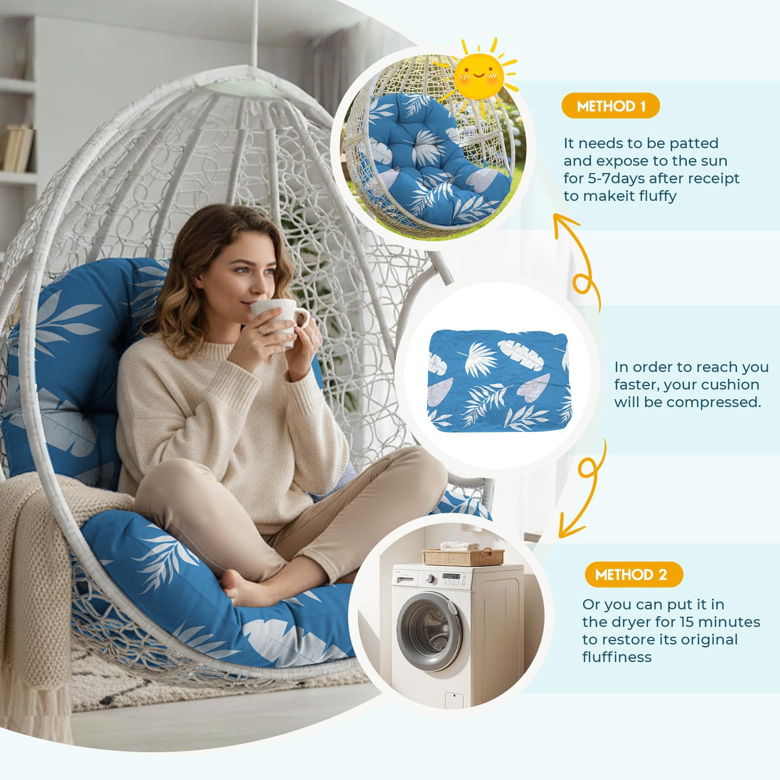 Waterproof Egg Chair Cushion Replacement Outdoor Hanging Egg Chair Cushion 47x35x7 Inches Thicken Couch Cushions with Ties, Blue Enchantress