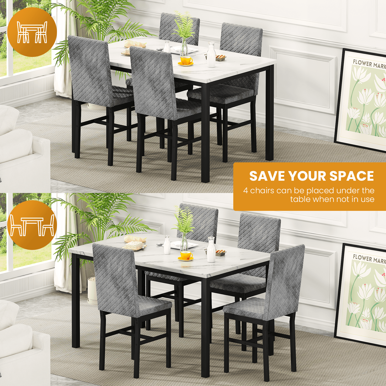 Baxluxe Dining Table Set for 4, Modern 5 Piece Dining Table Set, Faux Marble Kitchen Table and 4 Velvet Upholstered Chairs for Apartments, Dining Rooms, Small Spaces, Gray