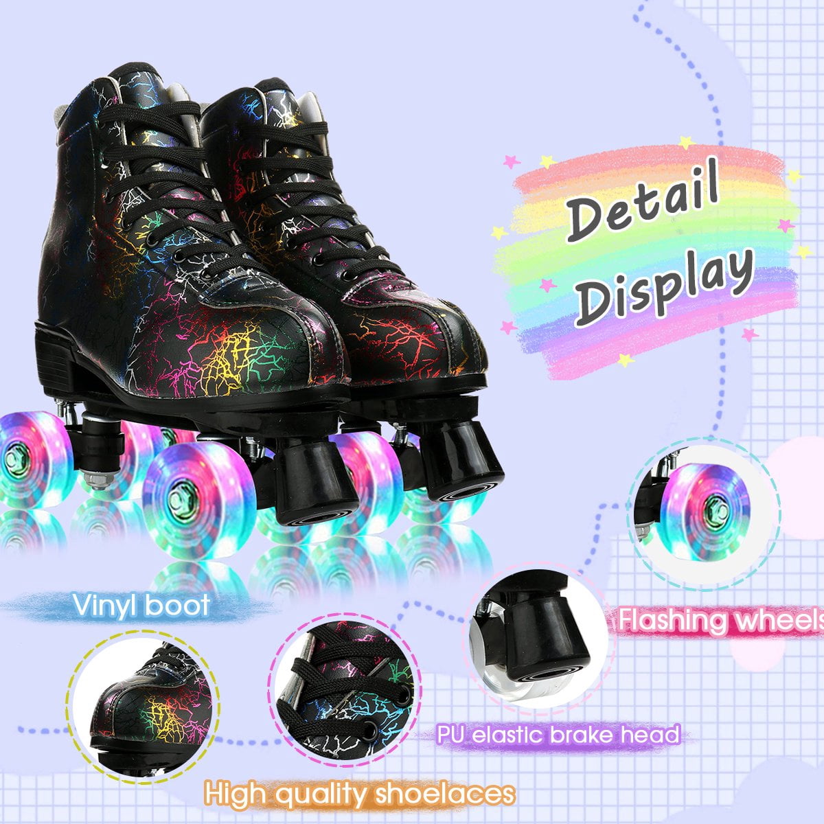EONROACOO Boys Girls Roller Skates for Kids Teen, Light up Black Double Row Skates(Youth 4/Women's 4.5/Men 4)