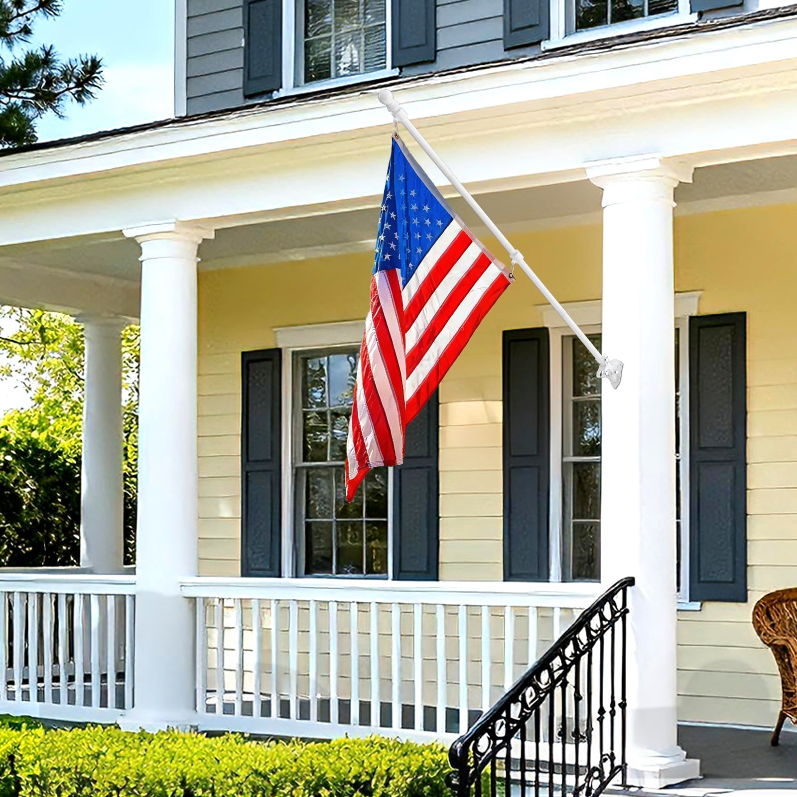 FIASON 5 FT White Flag Pole Kit with 3x5 Ft US Flag, Tangle-Free 360° Rotating Rings, Adjustable 45°/90° Bracket, Heavy Duty Stainless Steel for Outside House Porch