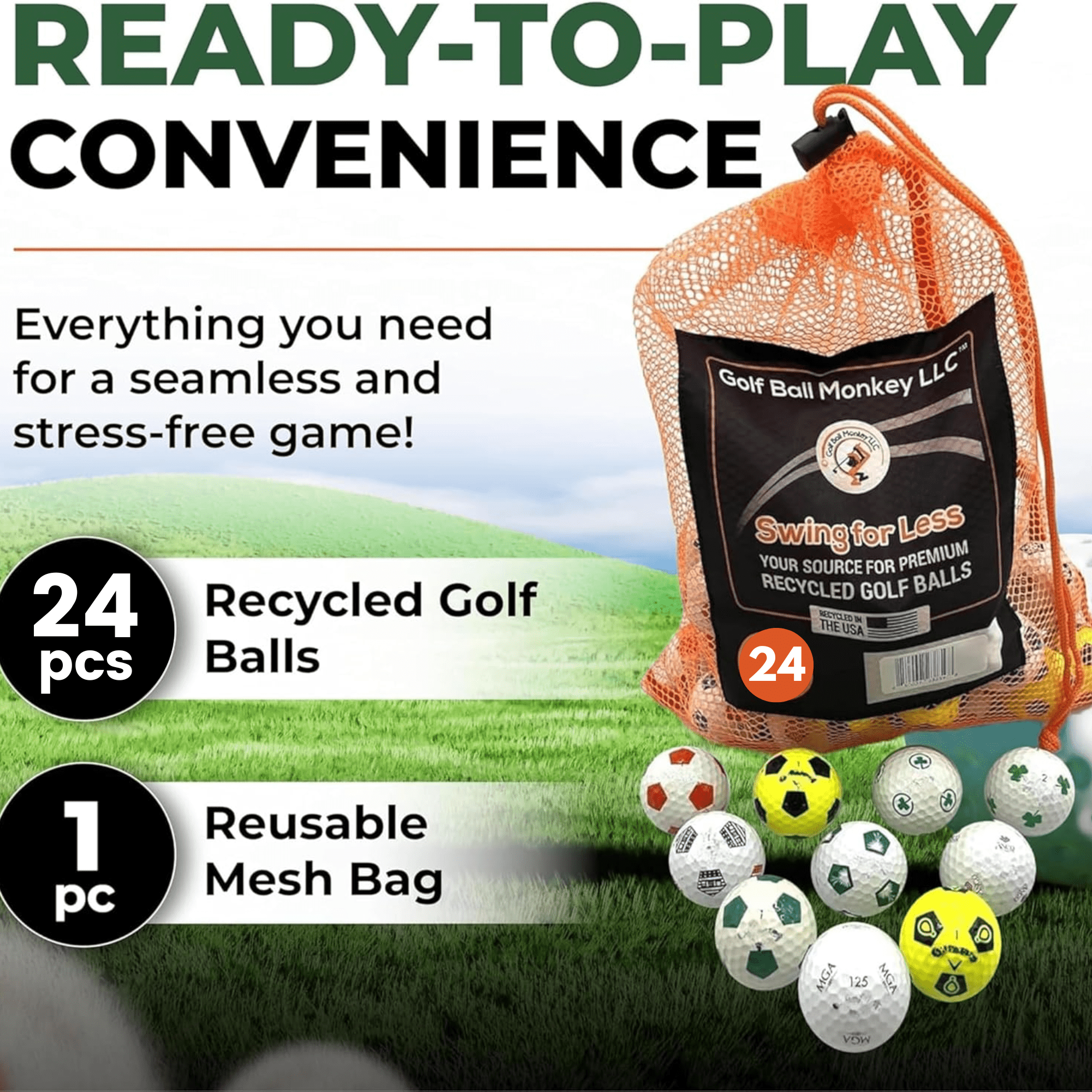 Golf Ball Monkey Cheap Recycled Golf Balls for Callaway Golf Balls Chrome Soft Truvis Soccer Golf Balls Multi-Colored Mix 24 in Good Condition- Includes Balls and Mesh Bag.