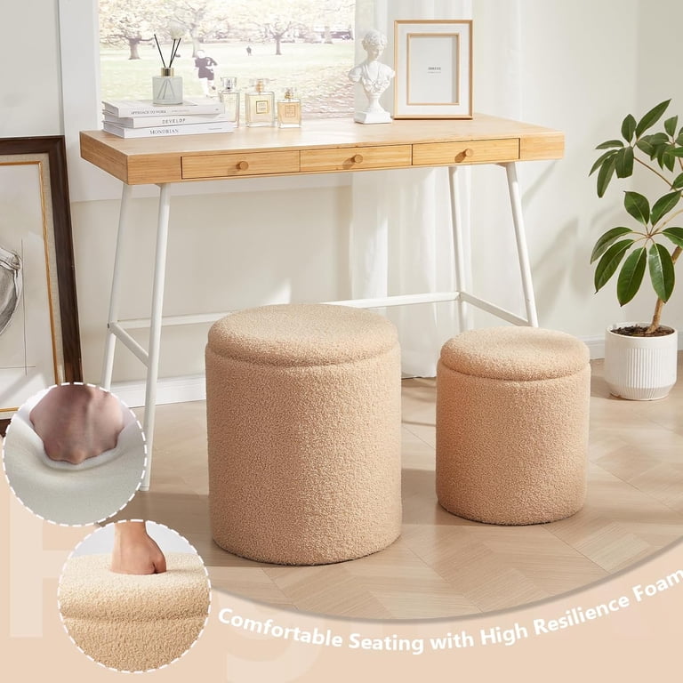 tectake® Kruk met Opbergruimte, Kruk, Poef, ⌀42 cm x 47cm, Gestoffeerde Kruk voor Slaapkamer, Woonkamermeubel, als Halmeubel, Opbergkruk Wonen, Fluweellook crème-wit, Zithocker