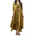 thumbnail image 1 of Vestido largo de algodón y lino informal de dos piezas falsas de corte holgado para mujer y niña Vogacara FS9904-18, 1 of 7
