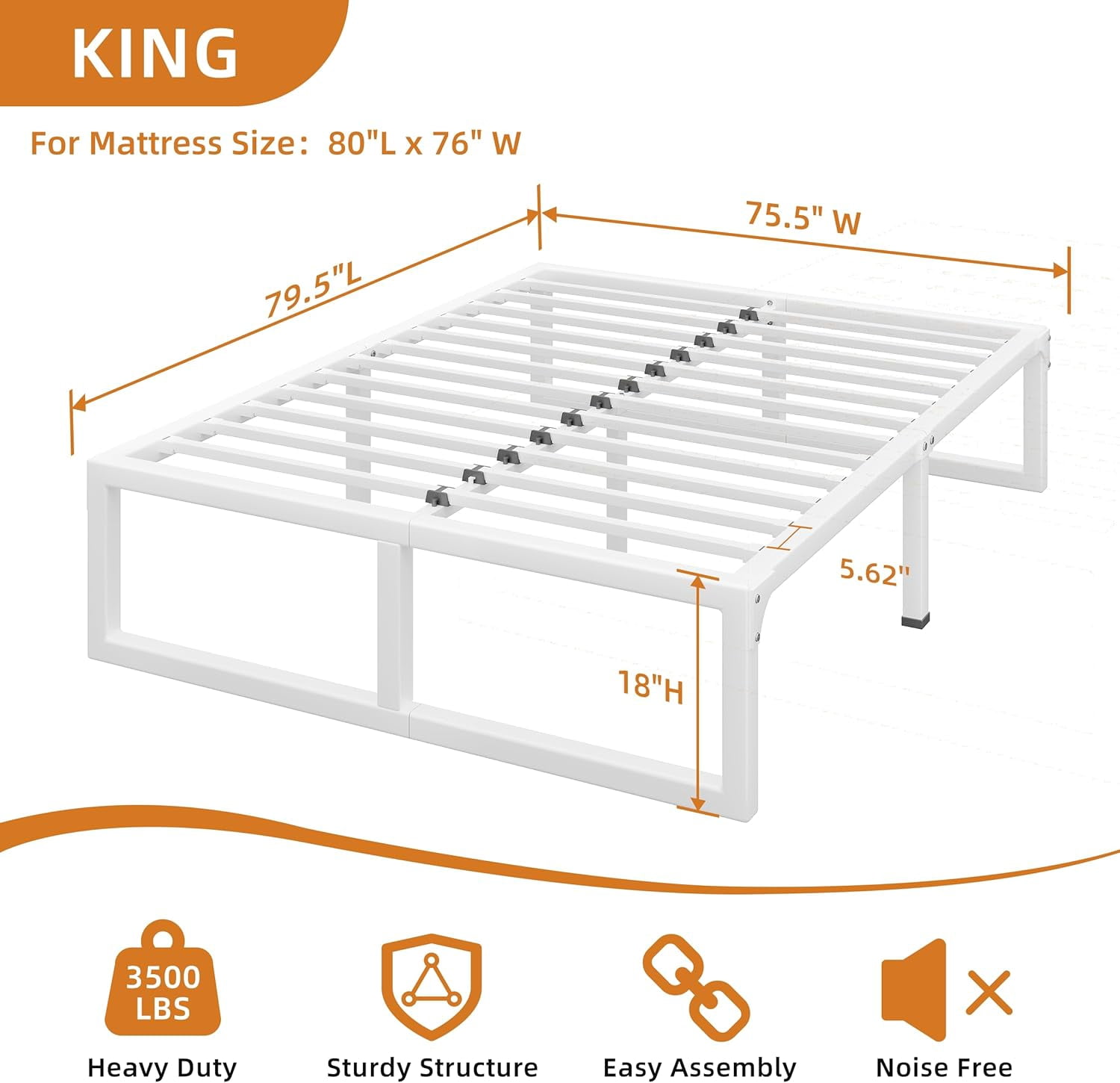 18-Inch White King Size Metal Platform Bed Frame with Squeak-Free U-Slot Design, 3500 lbs Capacity, Under Bed Storage, No Box Spring Needed