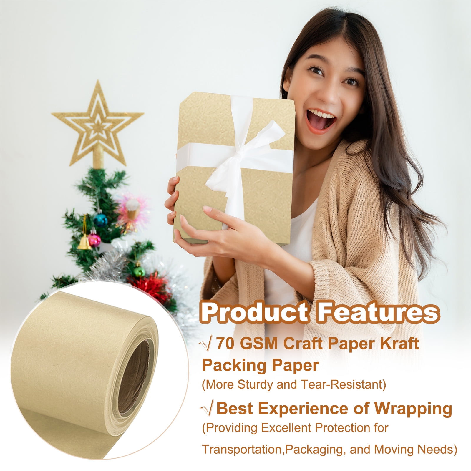 Uxcell 1 pack Wrapping Paper, Craft Paper Packing Paper 17" x 300"(25') Brown