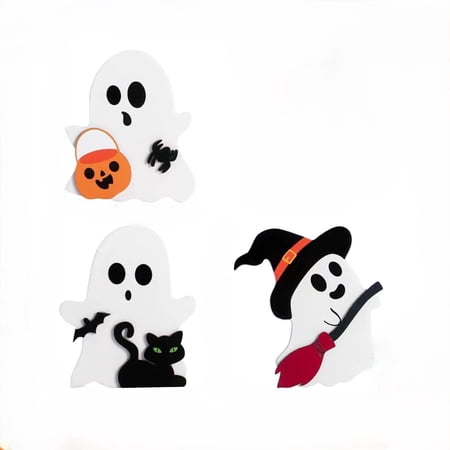 Halloween Decor Wooden Ghost Ornaments 3Pcs with Pumpkin Black Cat Broom for Home Living Room Bedroom Fireplace Party Bookshelf Decorations