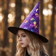 thumbnail image 3 of Halloween Shiny Glitter Satin Pointed Witch Hat with Wide Brim, Wizard Costume Accessory, Eye-catching Headwear for Halloween Party, Holiday Dress Up & Celebrations Purple, 3 of 5