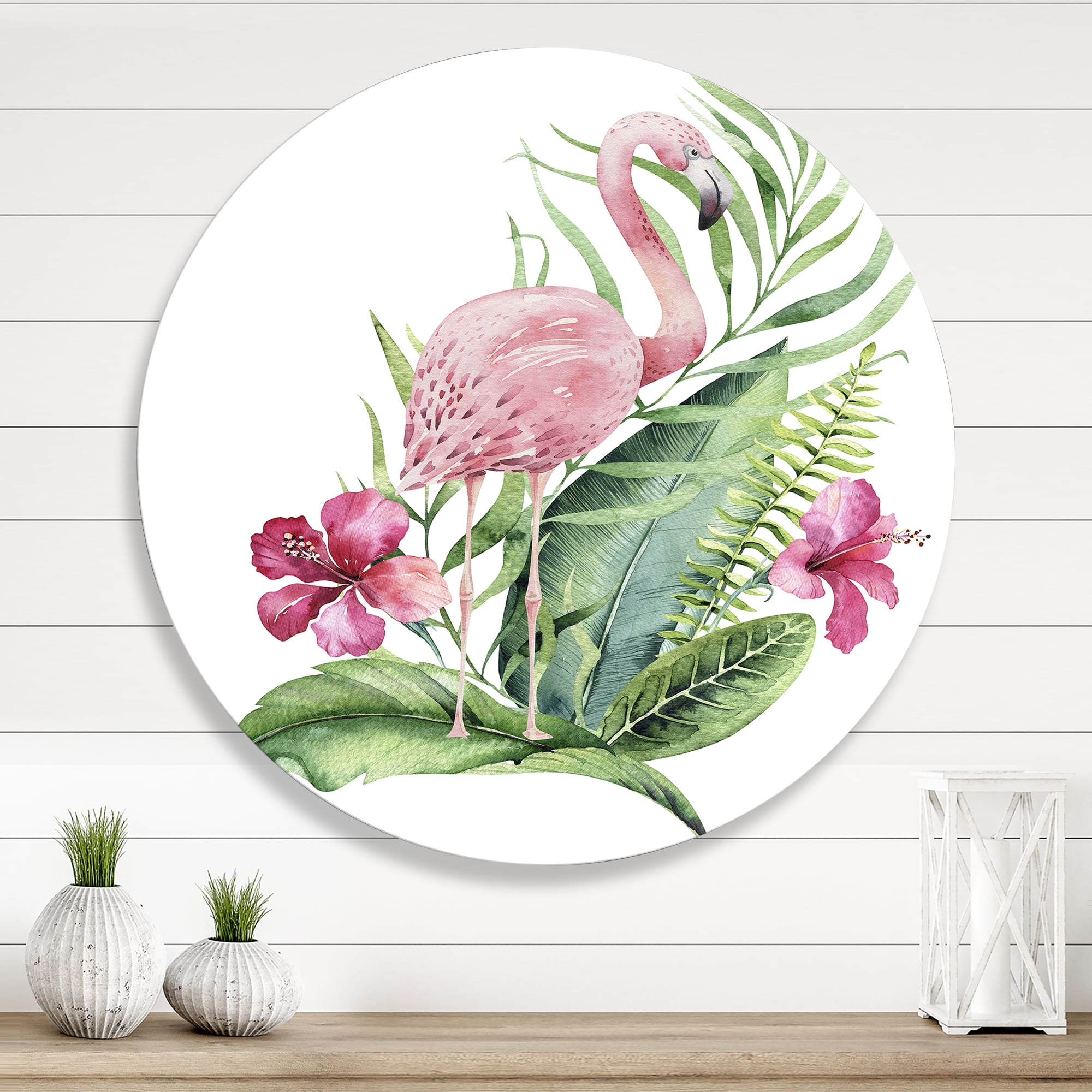 Designart 'Flamingo With Pink Flowers and Exotic Foliage' Traditional Circle Metal Wall Art 23x23 - Disc of 23