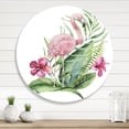 thumbnail image 2 of Designart 'Flamingo With Pink Flowers and Exotic Foliage' Traditional Circle Metal Wall Art 23x23 - Disc of 23, 2 of 5