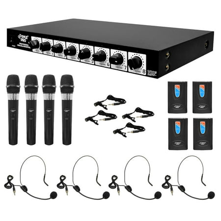 PYLE PDWM8700 - 8 Channel Wireless Microphone System - Rack Mountable with 4 Lavalier Mics, 4 Headsets, & 4 Handheld