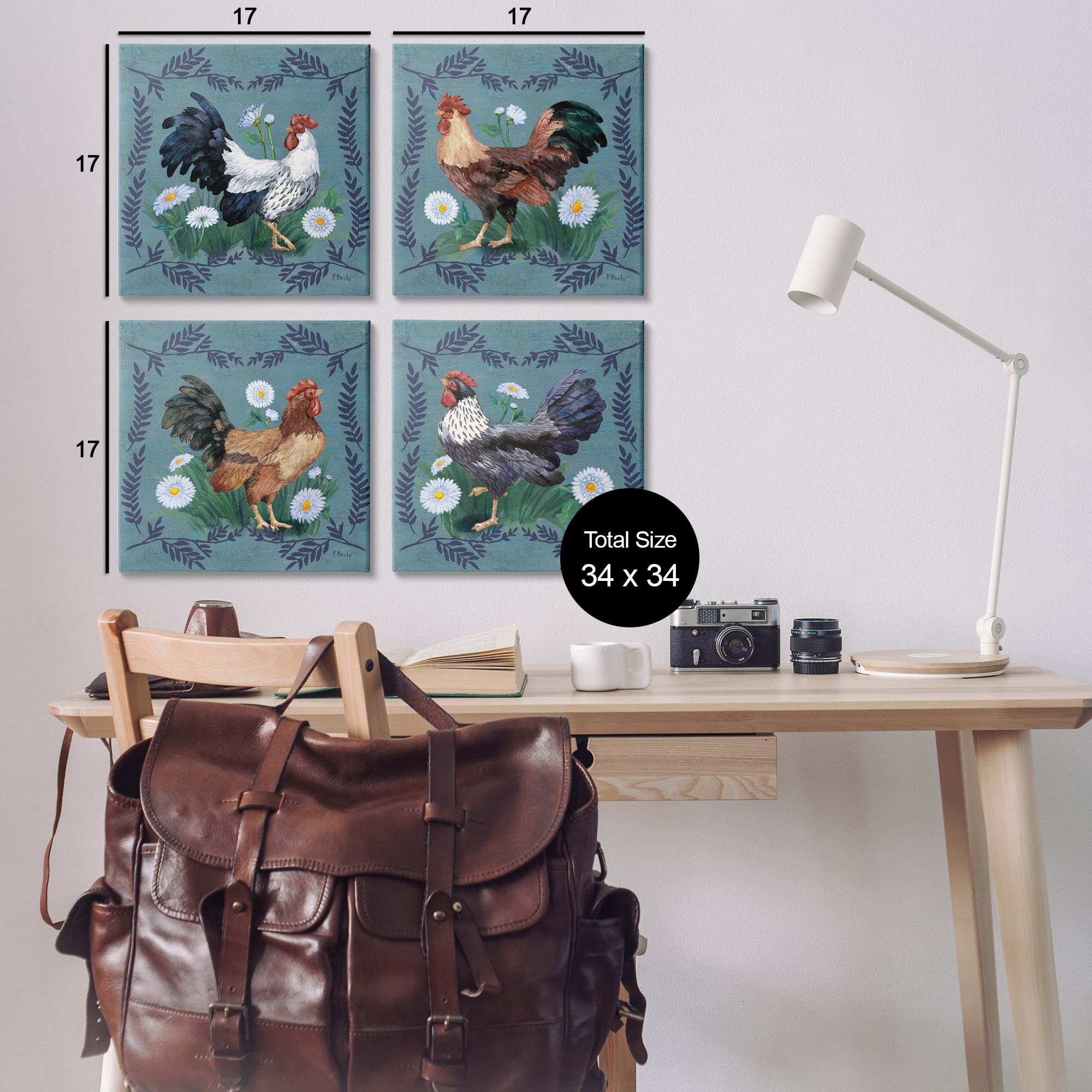 Stupell Industries Country Ferns & Roosters Animals Painting Wrapped Canvas Art Print Wall Art, 17 x 17, Set of 4