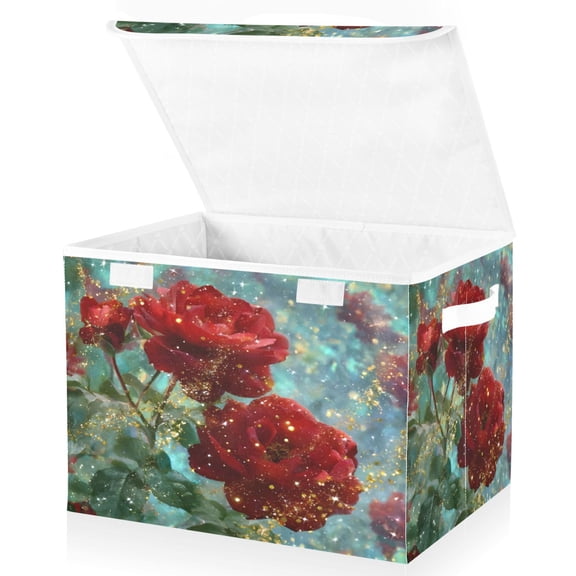 BZSMCE Storage Bin Cube Organizer Basket with Flip-Top Lid Glittered Red Roses Printed