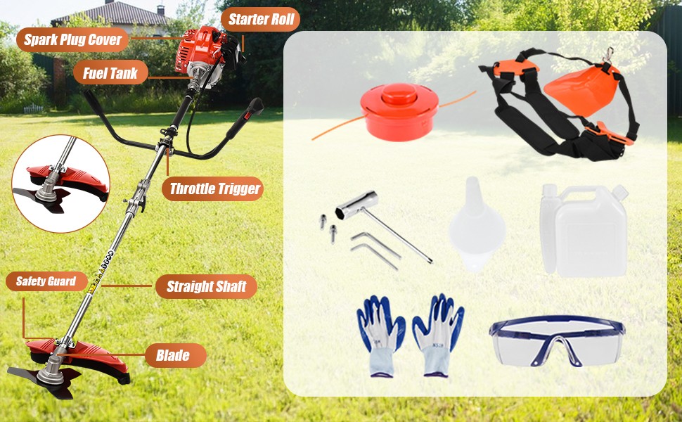 Floseru Gas Weed Wacker Cordless 2 in 1 String Trimmer, 52cc 2 Cycle Weed Eater with Anti-Slip Handle Brush Cutter Garden Tools Edger Lawn Tool