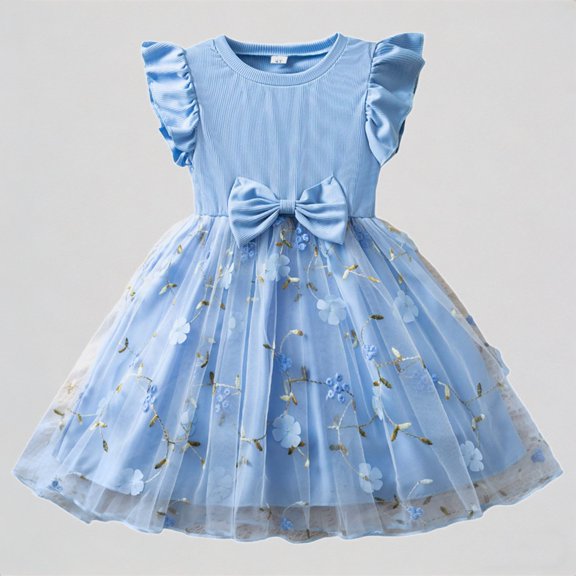 REDARER Girls Flutter Sleeve Ribbed Dress with Bow & Floral Embroidered Tulle Skirt Summer Casual Party Dress for Kids,4-5 Years
