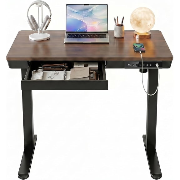 MUERE 35 X 20 Inch Standing Desk with Drawers, Electric Adjustable Height Desk, Quick Install One-Piece Tabletop with USB Charging Ports, Sit to Stand Up Desk for Home Office, Black Walnut