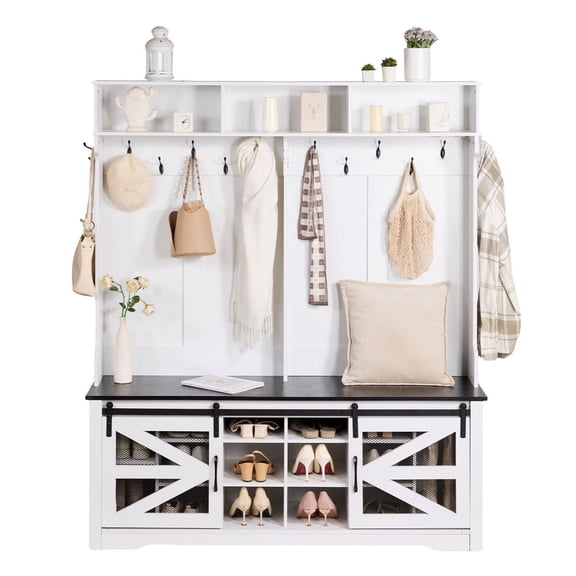 Hall Tree Entryway Bench with Shoe Storage, 59" Mudroom Organizer, LED Coat Rack, Adjustable Shelves & 12 Hooks, Wood Hall Tree for Entryway, Hallway