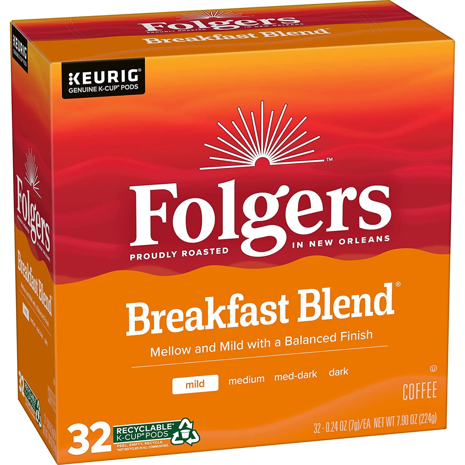 Folgers Breakfast Blend Mild Roast Coffee, 128 Keurig K-Cup Pods