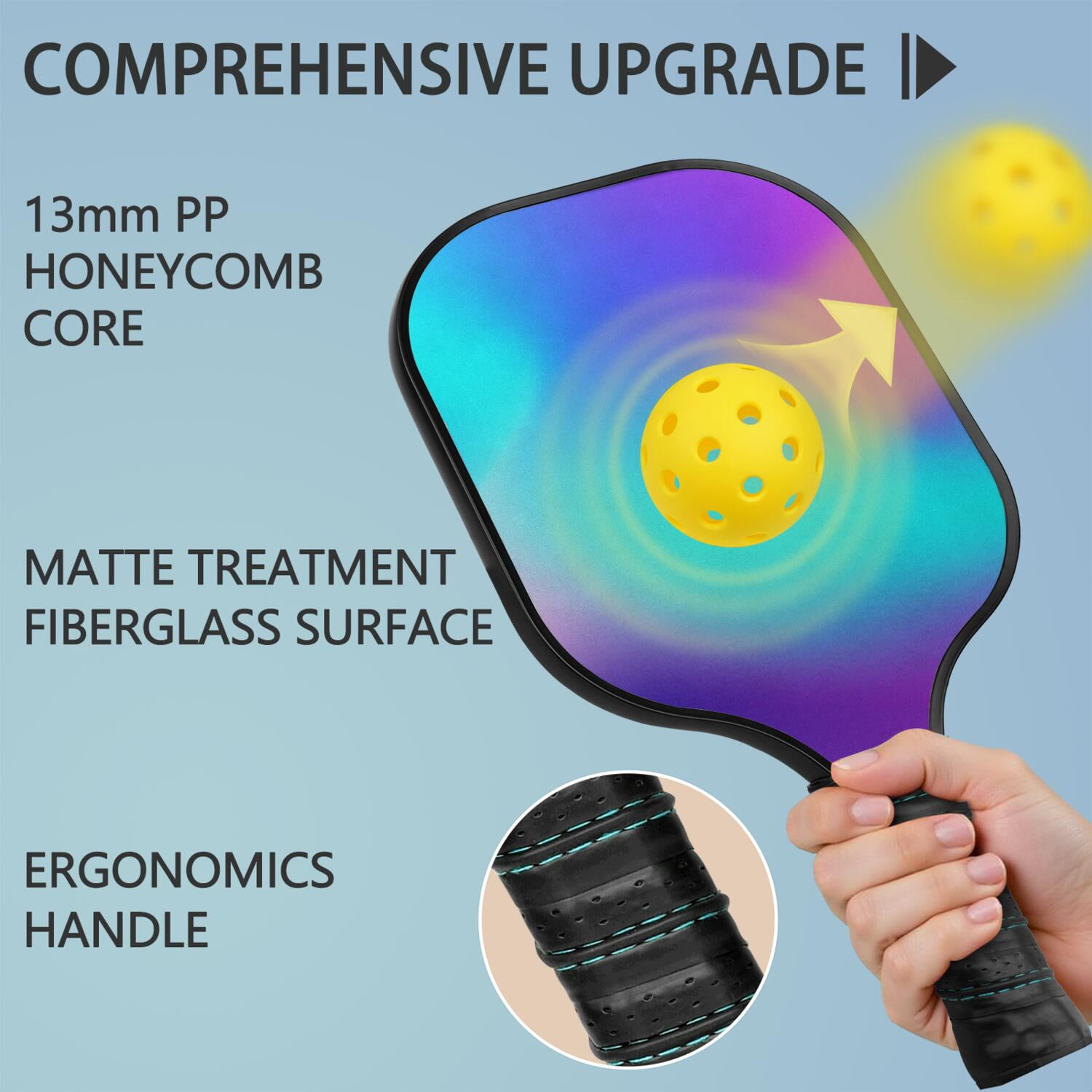 Pickleball Paddles Set Of 1, Fiberglass Surface, Neon Fluid Print, 1 Paddle, 2 Balls & Bag