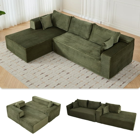 L-Shape Sectional Sofa Couch with Comfy Chaise,Modular Compression Sectional Couch with Deep Seat,Corduroy Sleeper Sofa Couches for Living Room Bedroom Apartment,Green