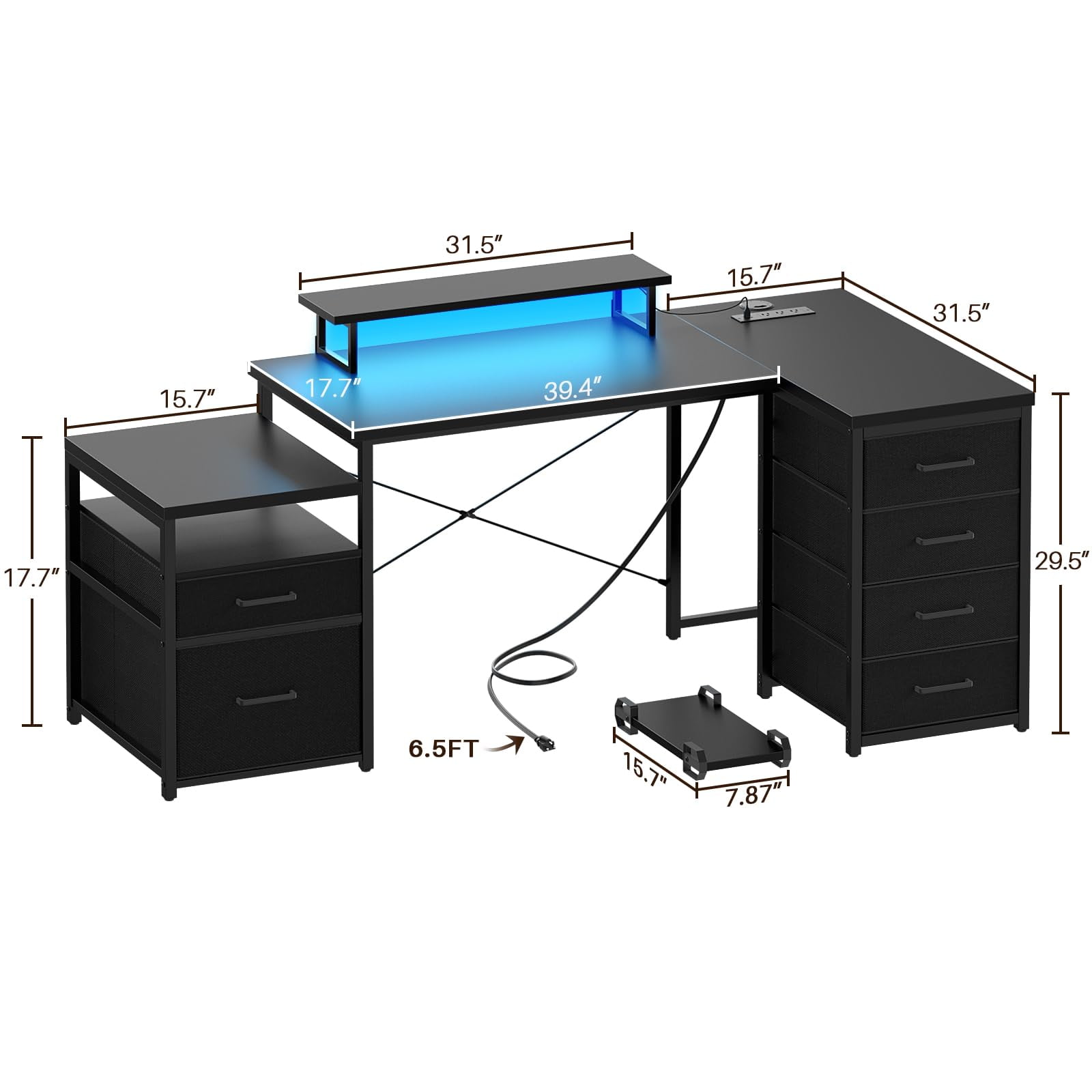 Homieasy Reversible L Shaped Computer Desk with Fabric File Drawers, 70.8" Large Office Desk with RGB LED Lights & Power Outlets & Monitor Stand & CPU Stand, Sturdy Corner Gaming Desk, Black