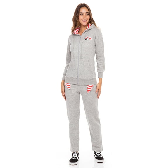 Women Athletic Fleece Sweatsuit Tracksuit Activewear Stripe-Patch Gray Small