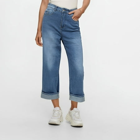 Clearance! Hassda Womens Straight Leg Jeans Womens Baggy Jeans Wide Leg Trendy Casual Mid Cuffed Hem Denim Pants with Pockets High Waisted Jeans for Women Light Blue S-XXL