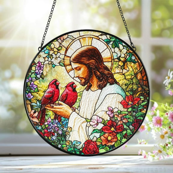 Jesus & Cardinals Faux Stained Glass Suncatcher, Religious Decor For Christian, Christmas Gift, Jesus Christ Suncatcher, Christian Ornament