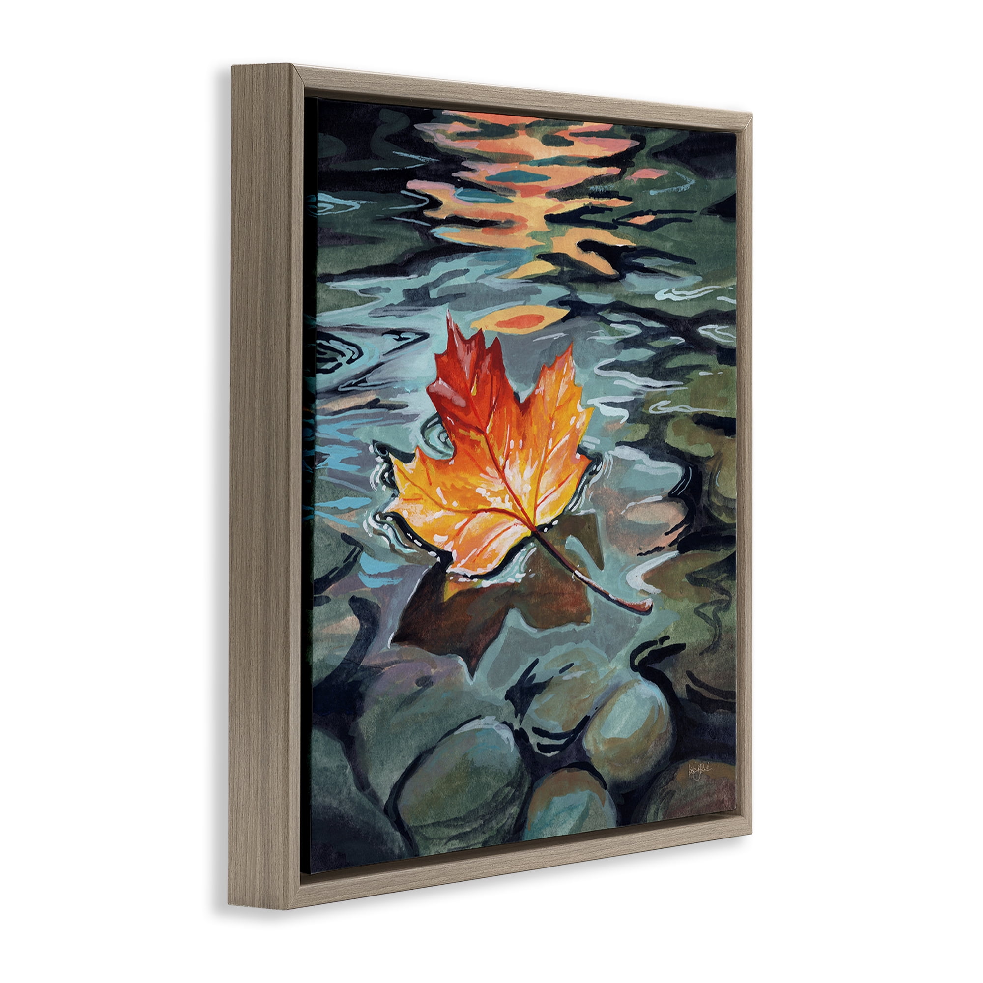 Stupell Industries Maple Leaf Floating in Stream Brown Framed Floater Canvas Wall Art, design by Kate Jarvik Birch