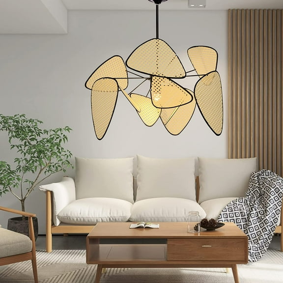 Arturesthome Natural Fan-Shaped Pendant Lights, Woven Petal Lantern Chandelier Pendant Lamp Shade, Hanging Ceiling Light, Handmade Lampshade DIY