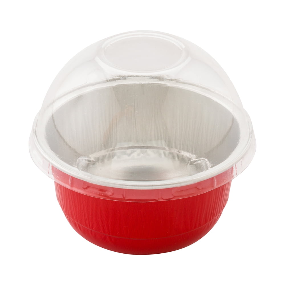 5 oz Round Red Aluminum Baking Cup with Plastic Dome Lid 3 1/4" x 3